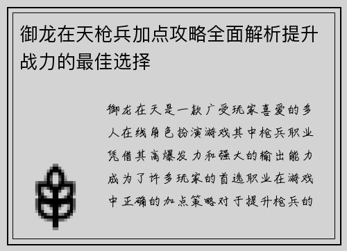 御龙在天枪兵加点攻略全面解析提升战力的最佳选择